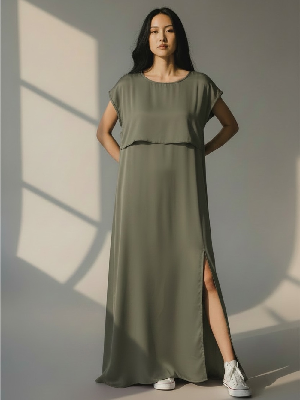 Nursing M Olive Green Maxi Nursing Dress with Side Slit